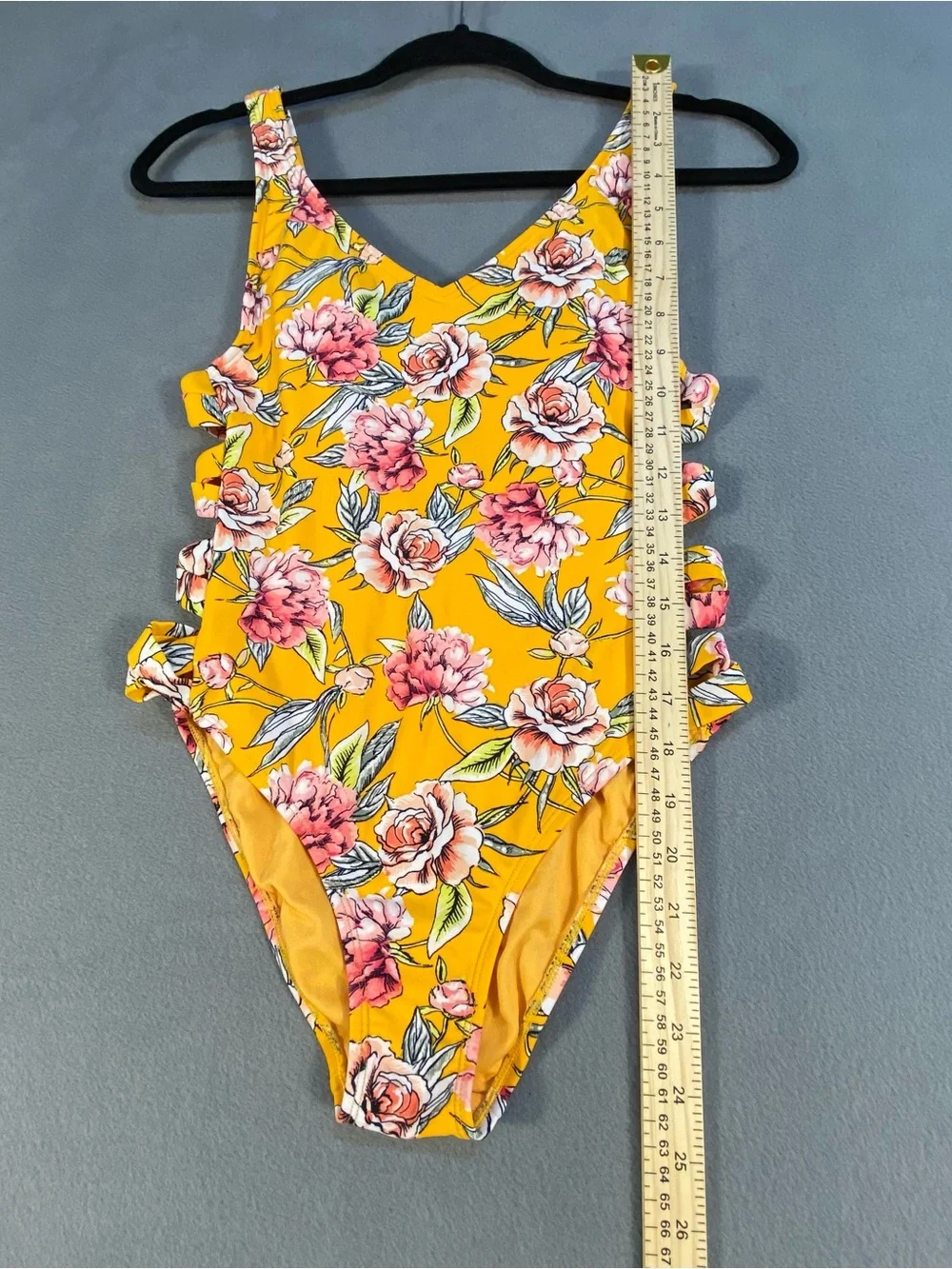 Xhilaration Juniors Yellow & Pink Floral One-Piece Swimsuit w/side crisscross